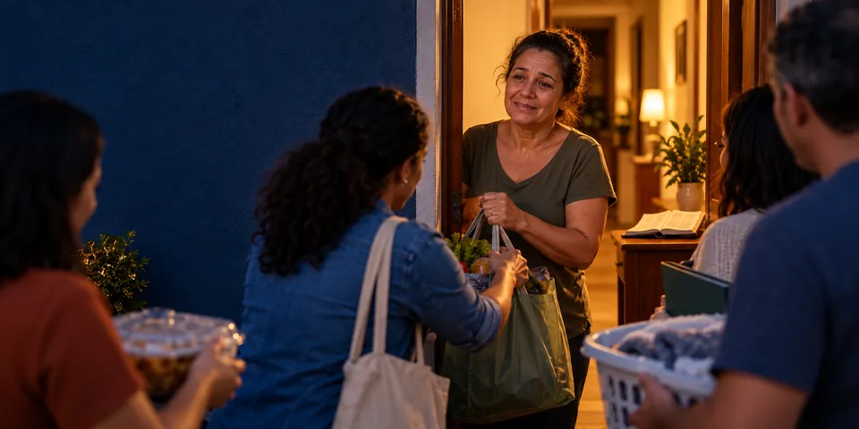 Mulher recebe à porta de casa amigos que chegam com sacolas e uma travessa de comida; ao fundo, uma Bíblia sobre o móvel.